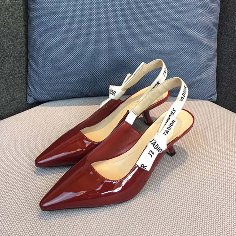 Close-up on gold-tone J’Adior ribbon hardware detail, Dior Women Sling-Back Shoes