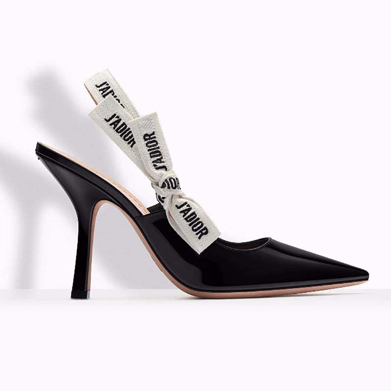 Side view of Dior Women Slingback Black Patent Calfskin Leather J’Adior Ribbon 10cm