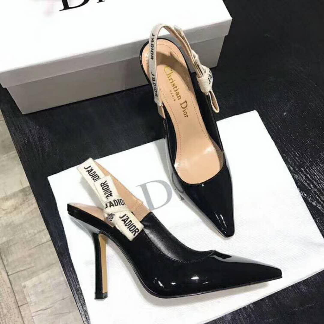 Close-up of J’Adior ribbon detail on Dior Women Slingback Black Patent Calfskin Leather