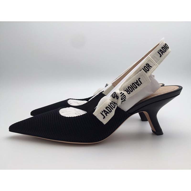 Close-up detail of J’Adior ribbon on Dior Women Slingback Black shoes