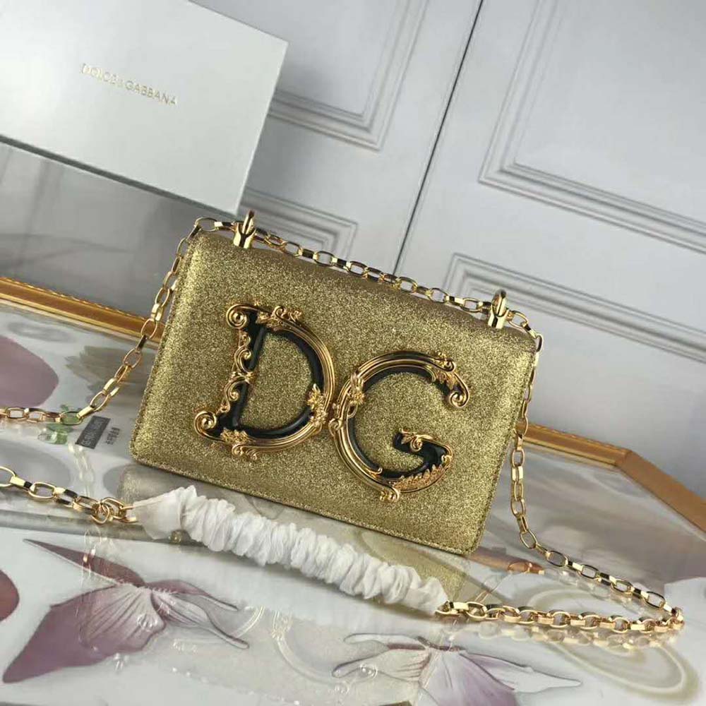 Side angle showing soft lurex-gold texture of DG Girls Cross-Body Bag