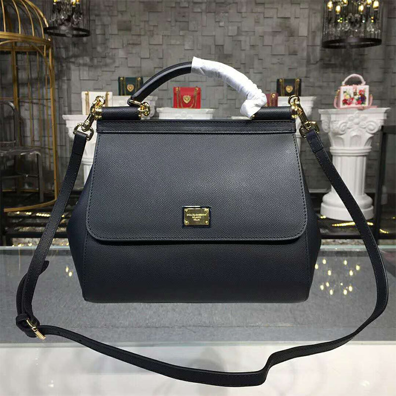 Close-up of gold-tone hardware on Dolce Gabbana D&G Sicily Bag in black leather