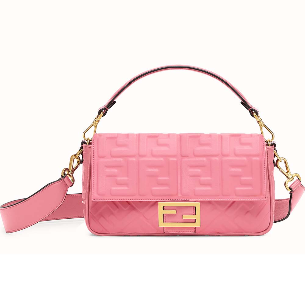 Front view of Fendi Women Iconic Baguette Leather Bag in Medium Size-Pink