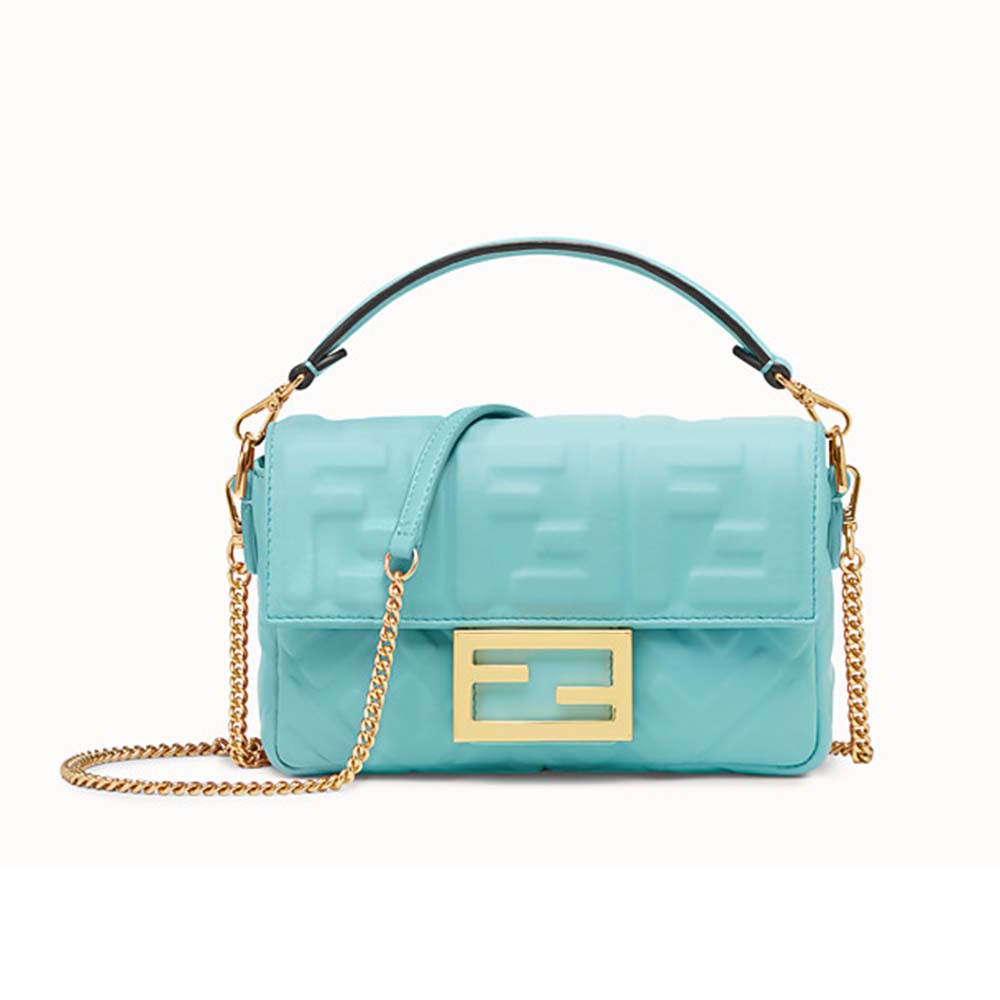 Front view of Fendi Women Iconic Baguette Leather Bag in Mini Size-Aqua