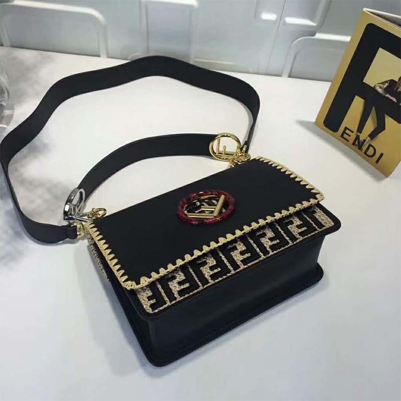 Fendi Women KAN I F Exotic Black Leather and Raffia Bag - image 4