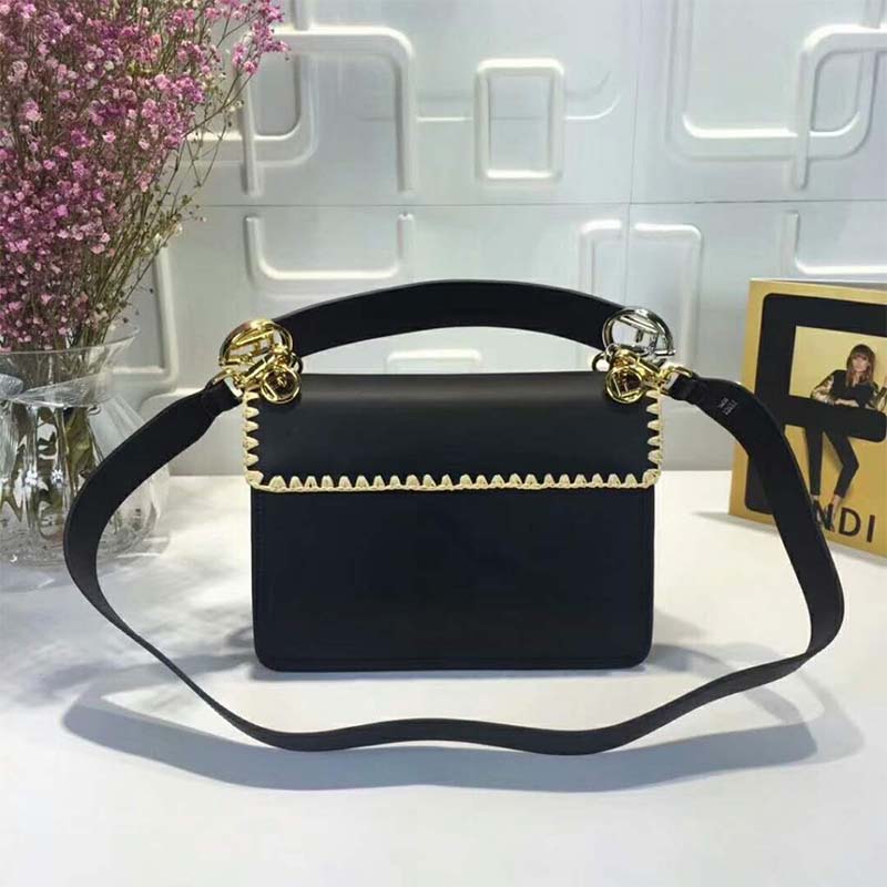 Fendi Women KAN I F Exotic Black Leather and Raffia Bag - image 5