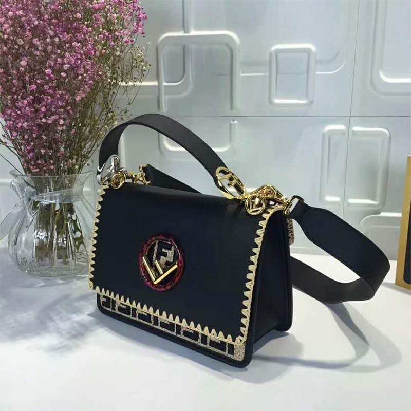 Side angle showing raffia detail on Fendi Women KAN I F bag