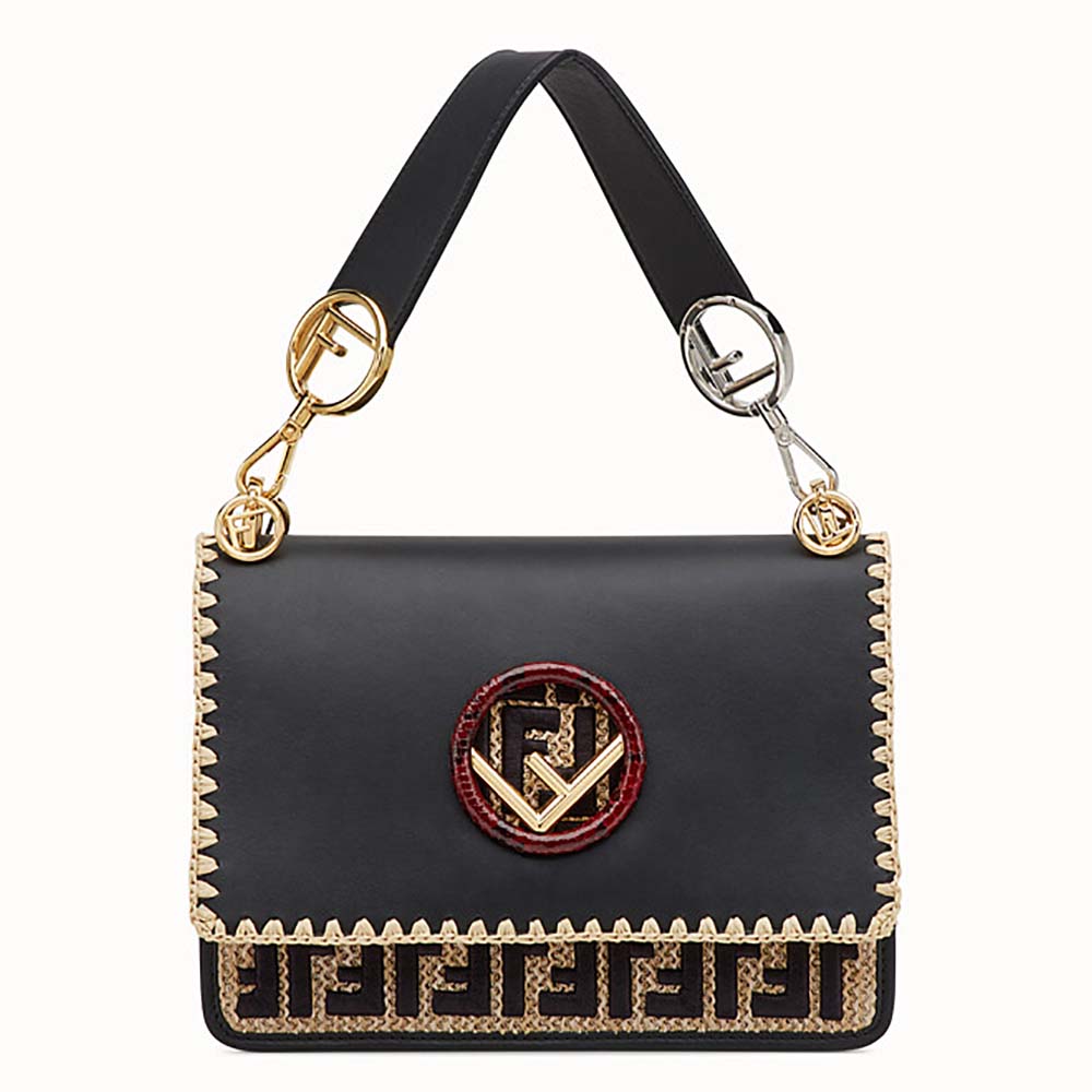 Front view of Fendi Women KAN I F Exotic Black Leather and Raffia Bag