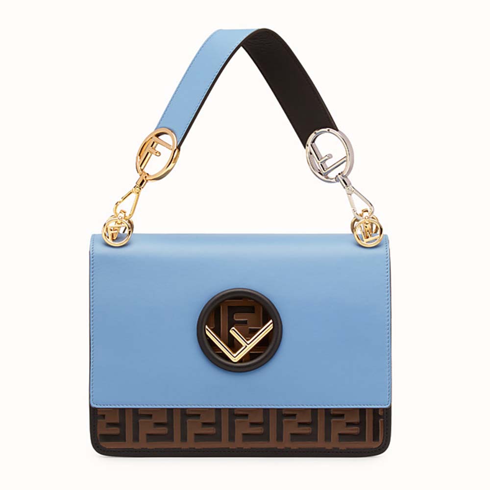 Front view of Fendi Women Kan I F Leather Bag in Blue calfskin leather