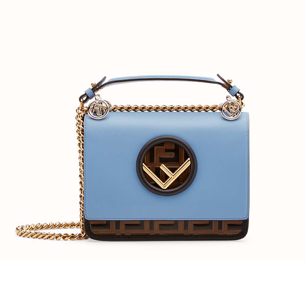 Front view of Fendi Women Kan I F Small Pale Blue Leather Mini Bag