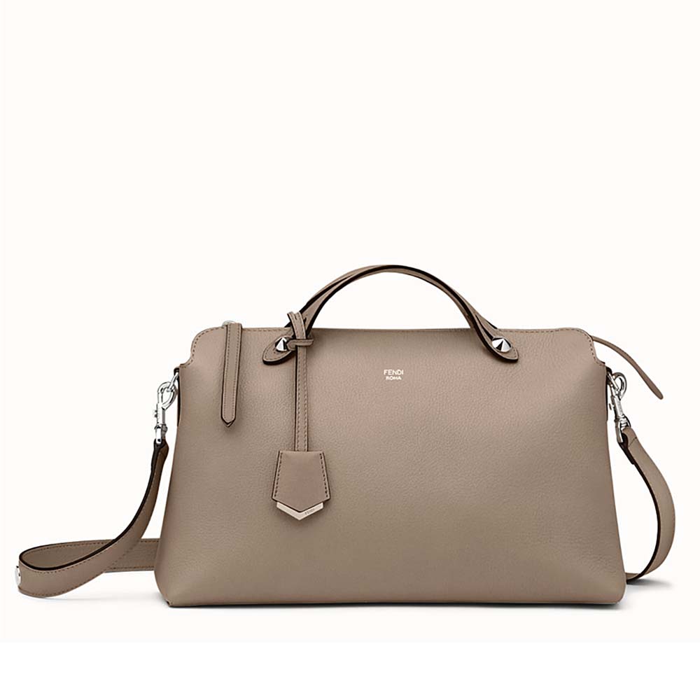 Front angle of Fendi Women Large By the Way Boston Bag in beige leather