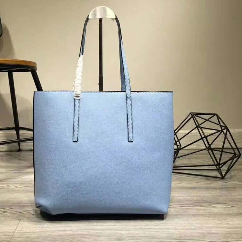 Side angle showing spacious silhouette of Fendi Women Leather Logo Shopper Bag-Blue