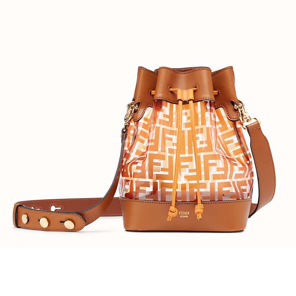 Front angle of Fendi Women MON TRESOR Bag in PU-Brown showcasing logo closure