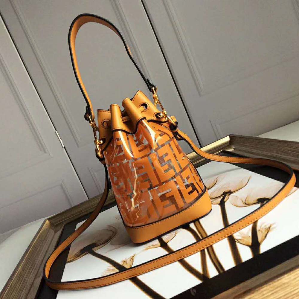 Side angle highlighting compact silhouette of Fendi Women MON TRESOR PU Mini-Bag-Orange