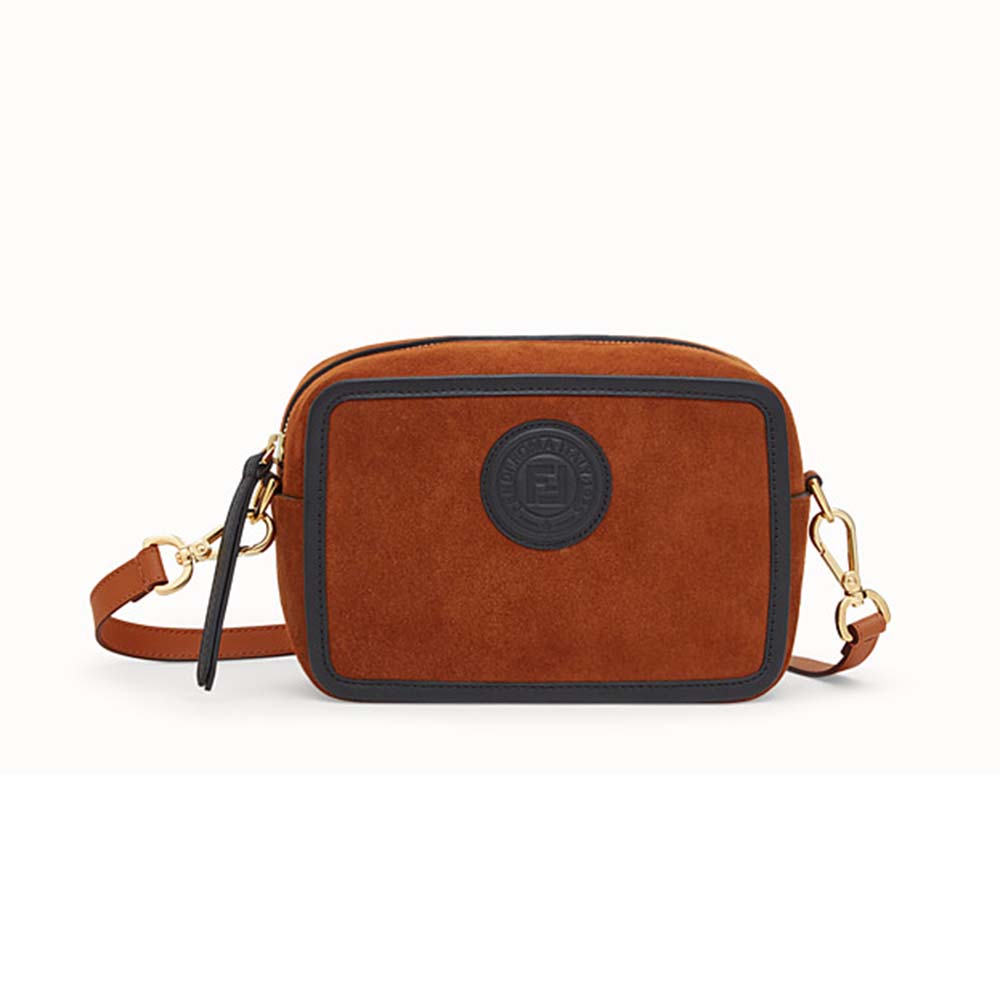 Front view of Fendi Women Mini Camera Case Natural-Color Suede Bag-Brown