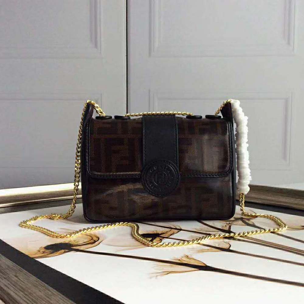 Side angle of Fendi Women Mini Double F Brown Canvas Bag with zip detail