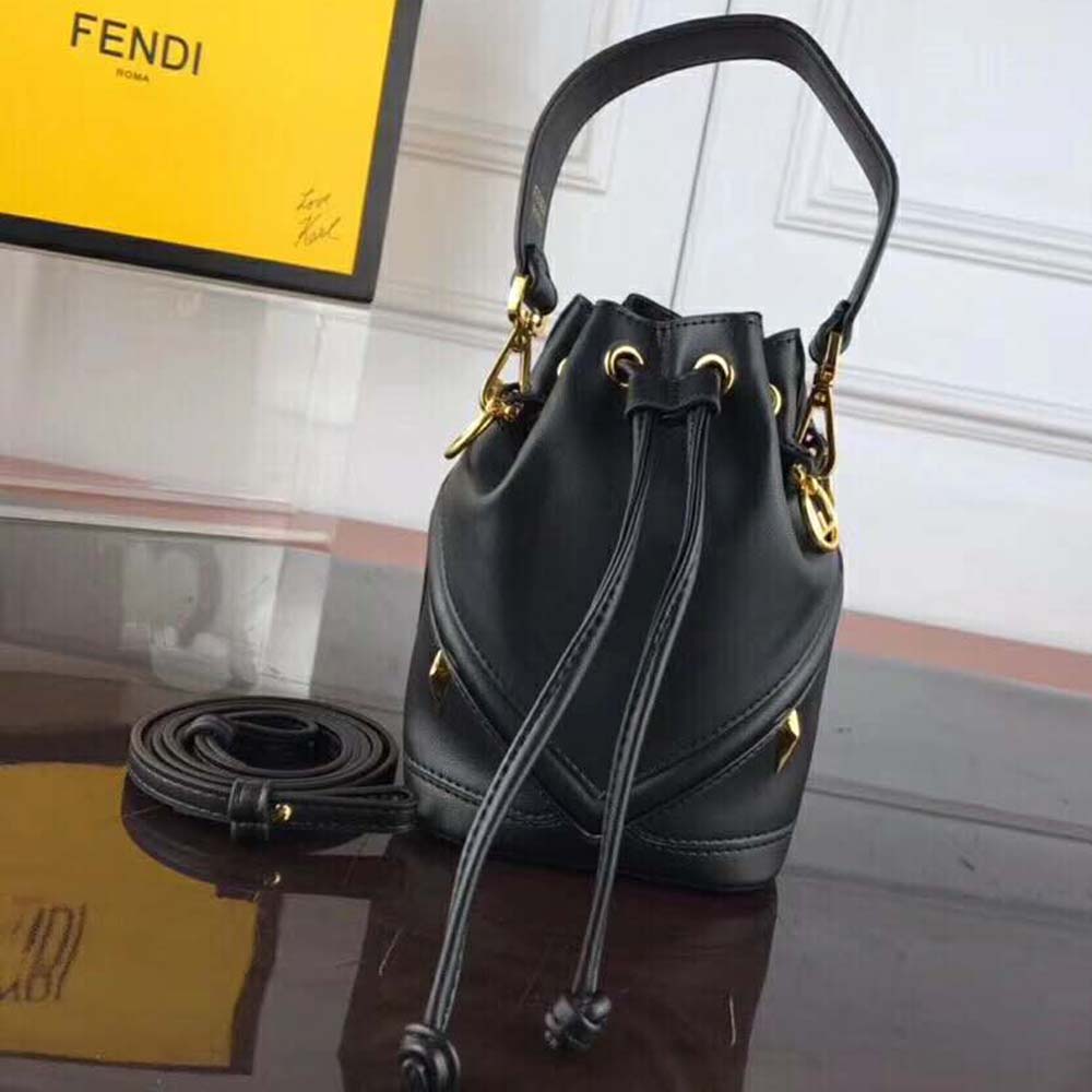 Close-up of smooth black calf leather texture on Fendi Women Mon Tresor Mini-Bag