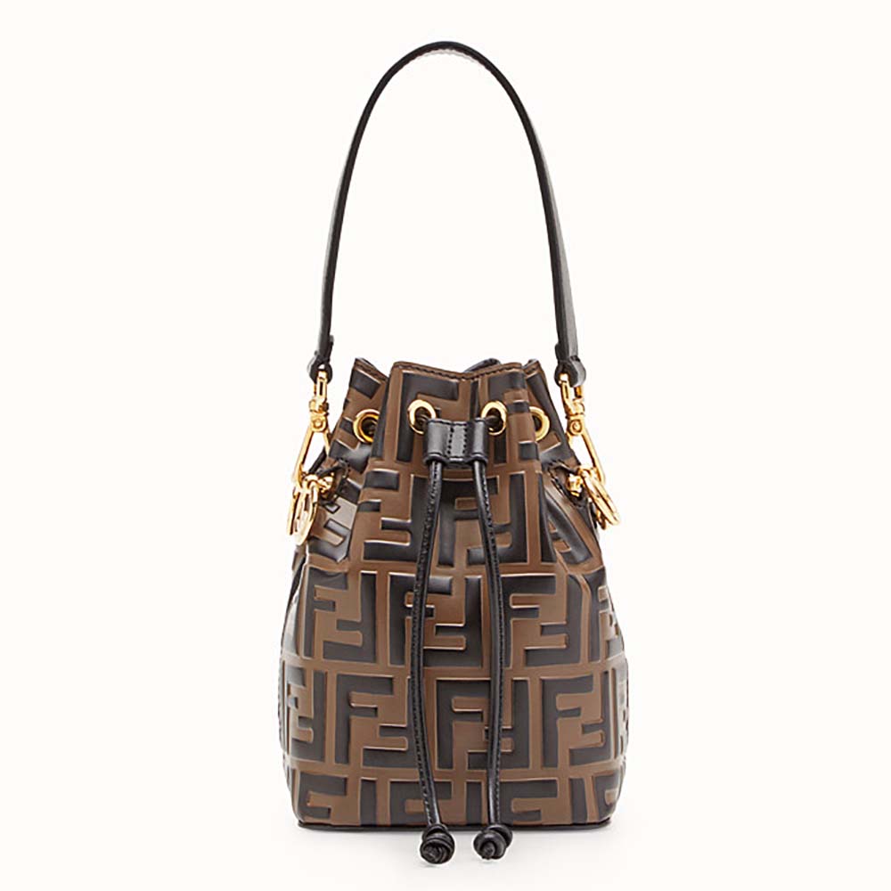Fendi Women Mon Tresor Brown Leather Mini Bag front view with drawstring