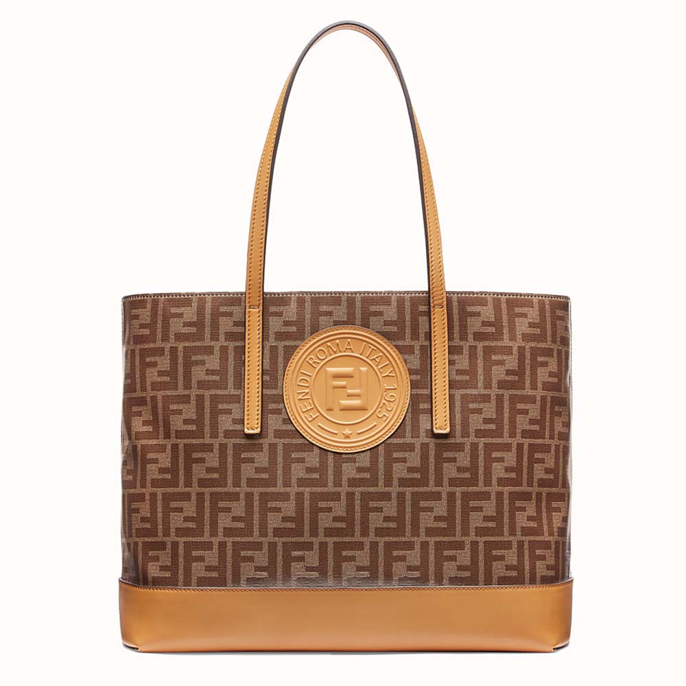 Front view of Fendi Women Shopping Logo Leather Shopper-Brown with logo clasp