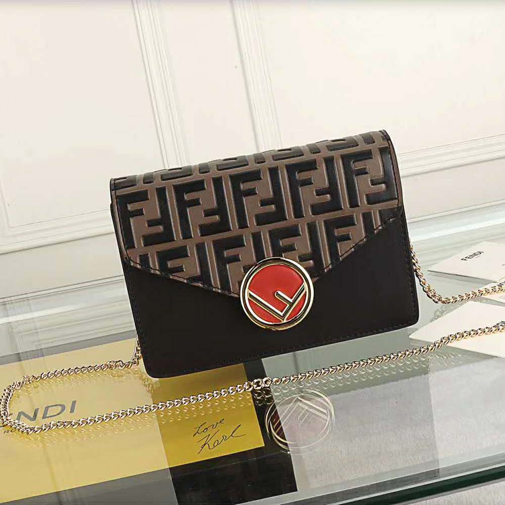 Close-up of gold hardware on Fendi Women Wallet on Chain Leather Mini Bag-Black