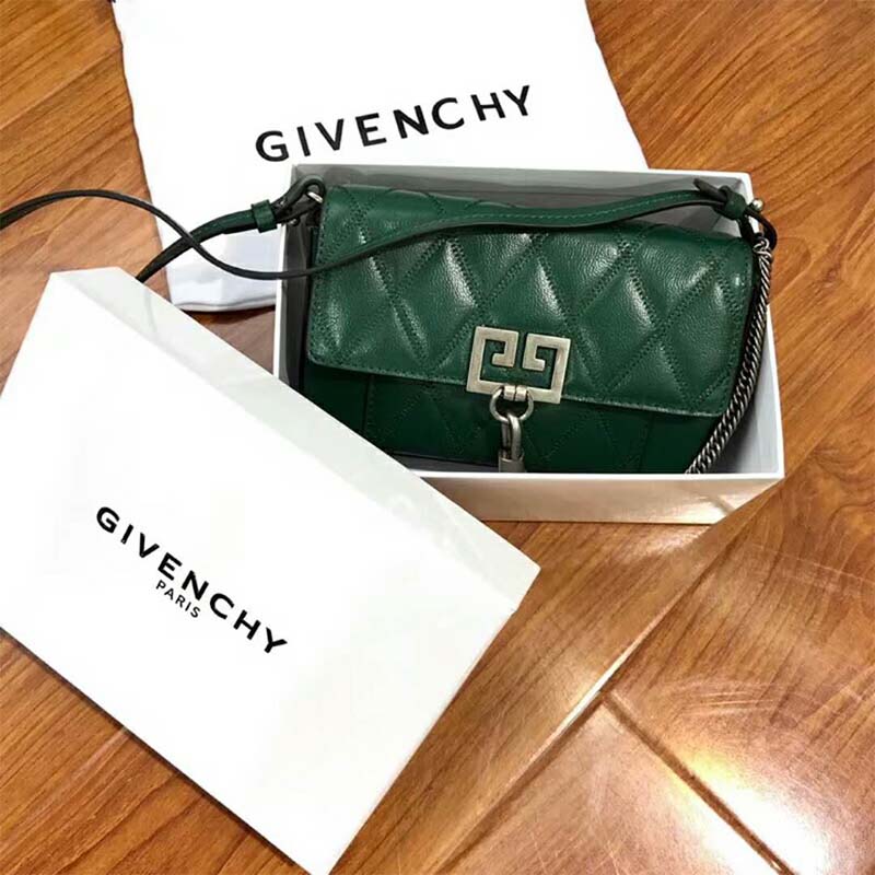Close-up of green diamond-quilted leather and silver clasp on Givenchy bag