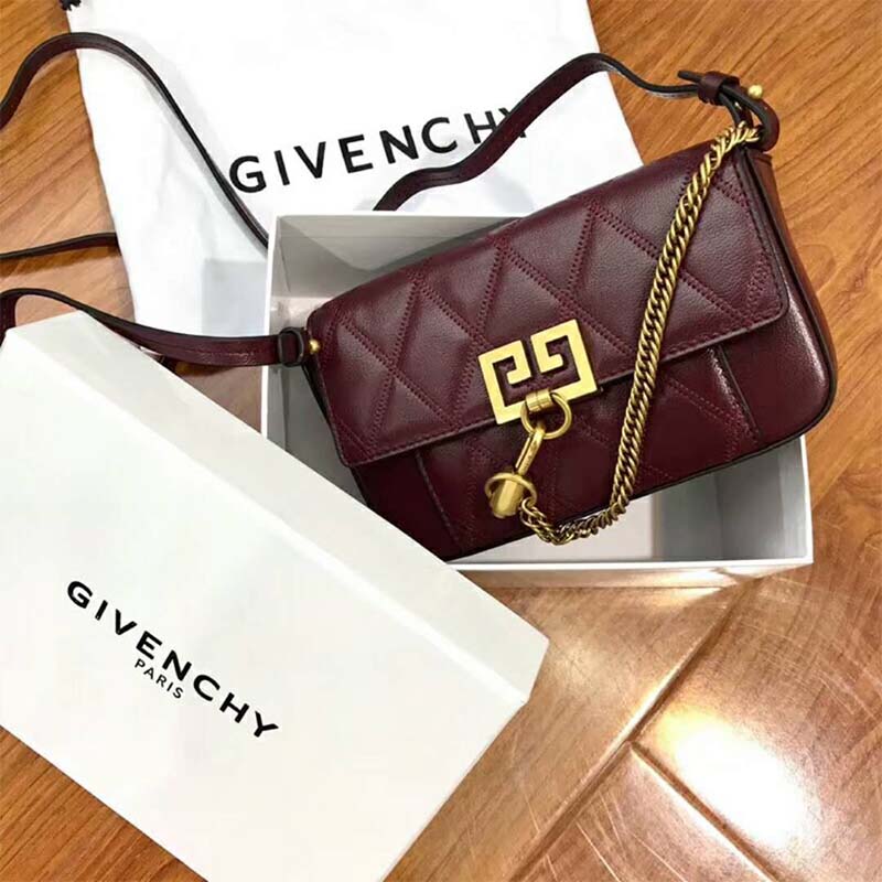 Side angle showing strap and compact silhouette of Givenchy mini bag