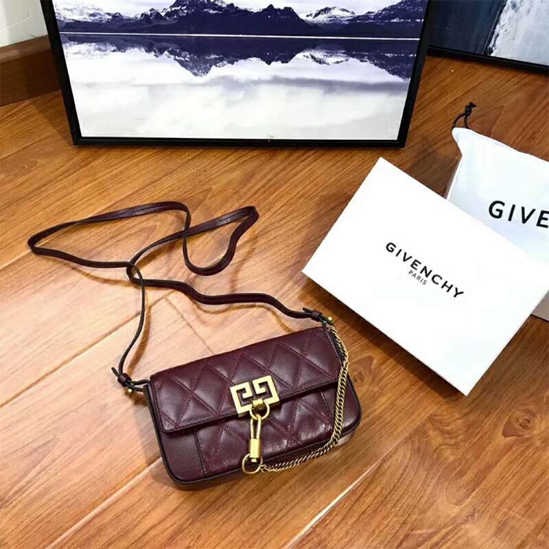 Close-up of diamond quilting and gold hardware on Givenchy mini bag