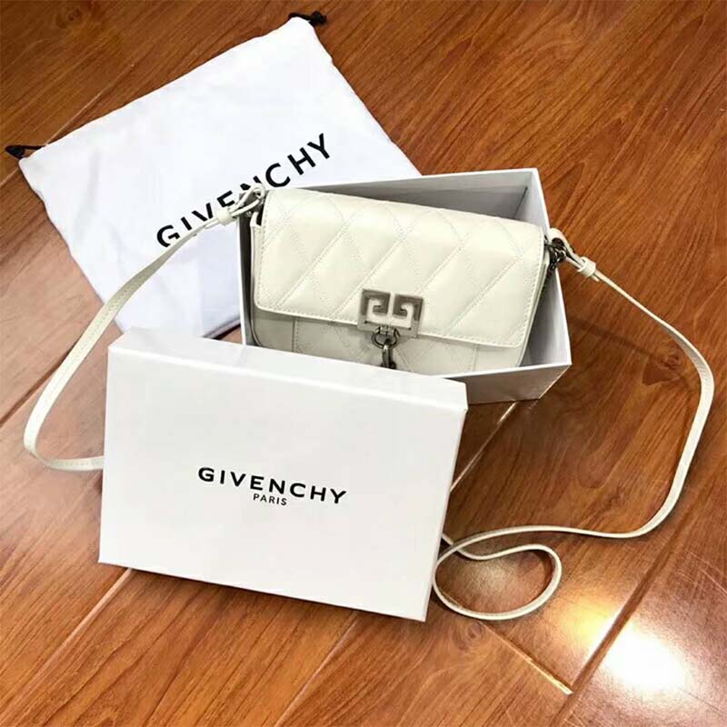 Close-up of diamond quilted leather and silver hardware on Givenchy bag