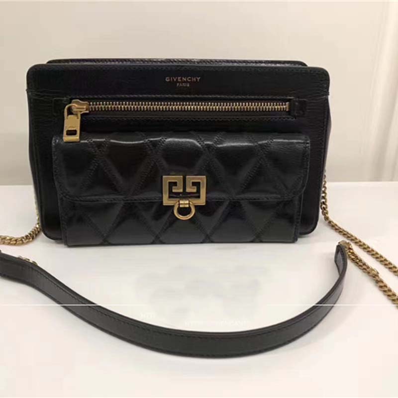 Close-up of diamond quilting and silver hardware on Givenchy pocket bag
