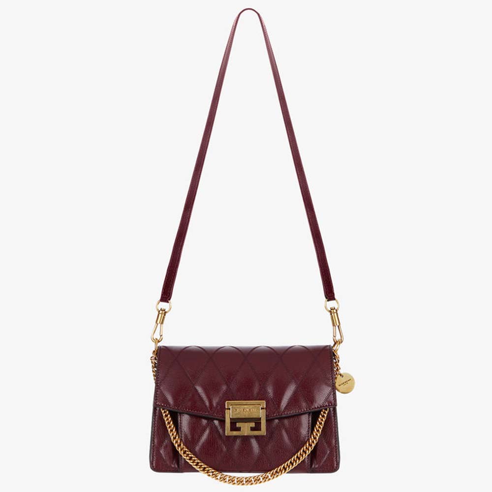 Front view of Givenchy Women Small GV3 Bag in diamond quilted maroon leather