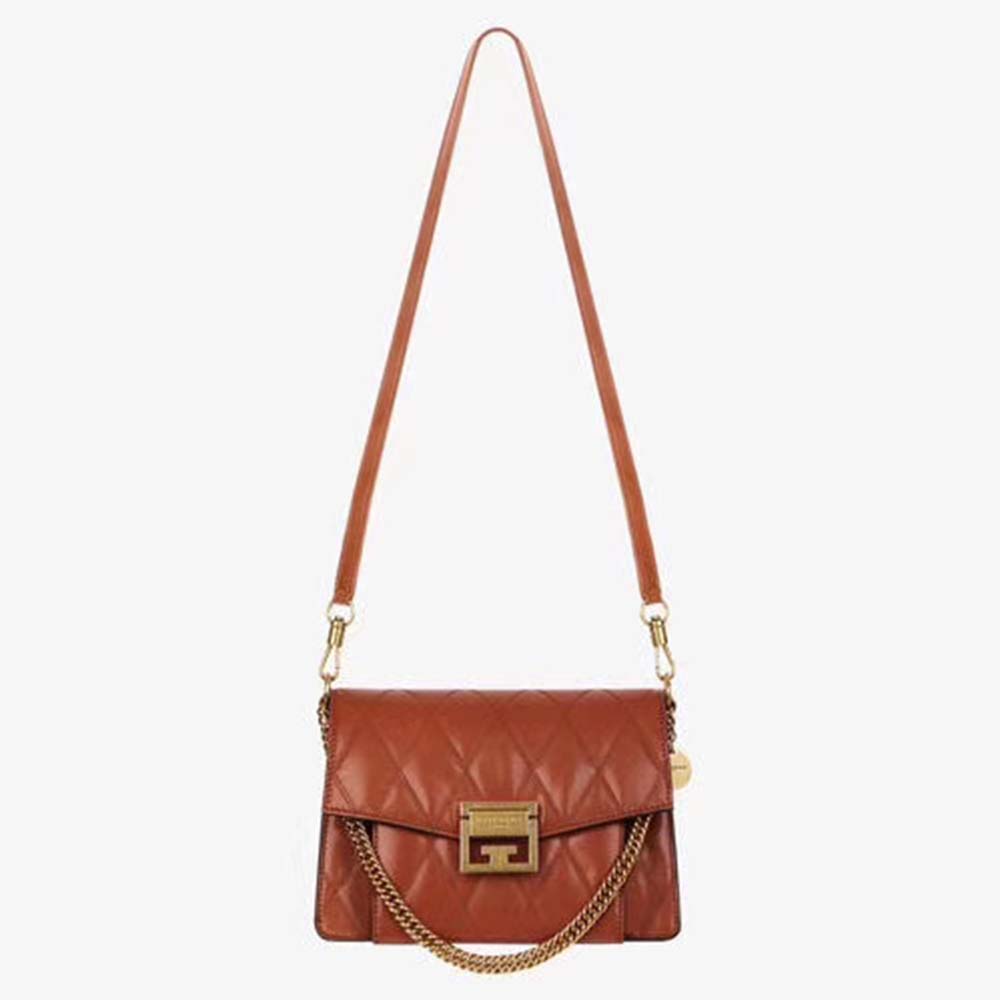 Front view of Givenchy Women Small GV3 Bag in Diamond Quilted Leather-Orange