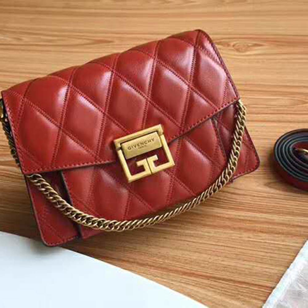 Close-up of diamond quilting and gold GV3 hardware on Givenchy bag