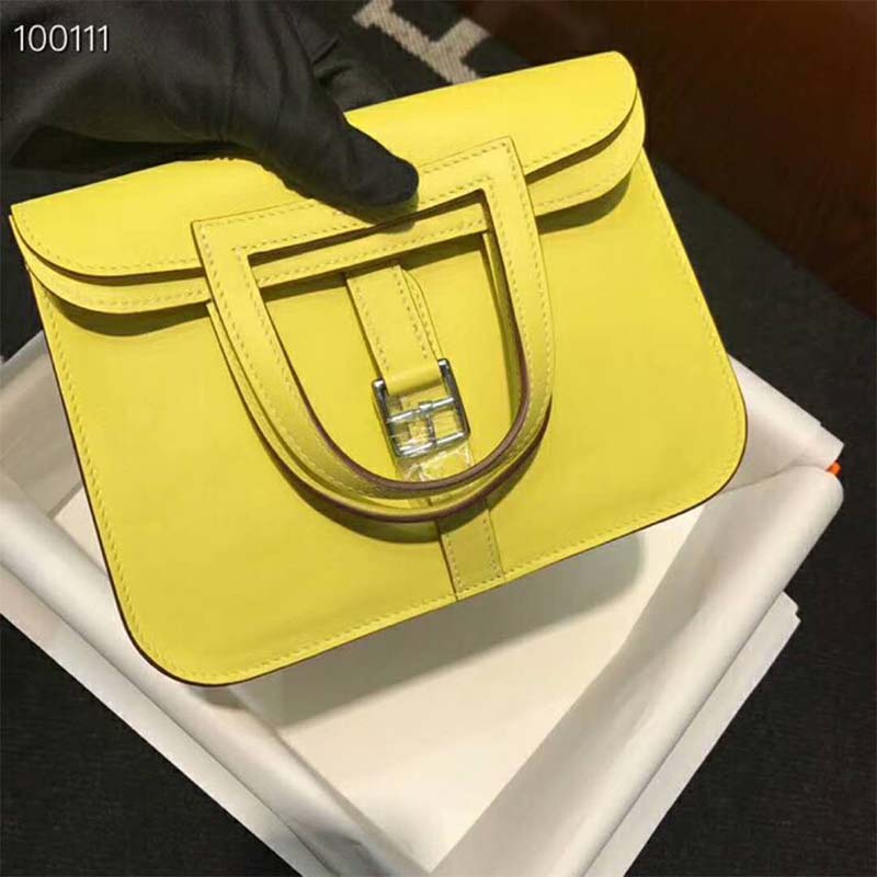 Side angle of Hermes Bag in Swift Calfskin-Yellow with shoulder strap