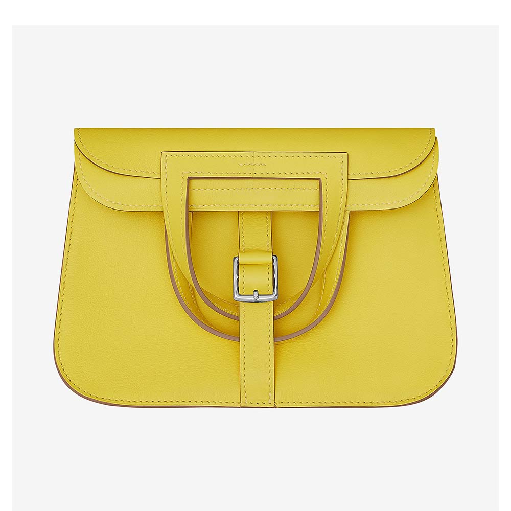 Front view of Hermes Bag in Swift Calfskin-Yellow showing flap closure