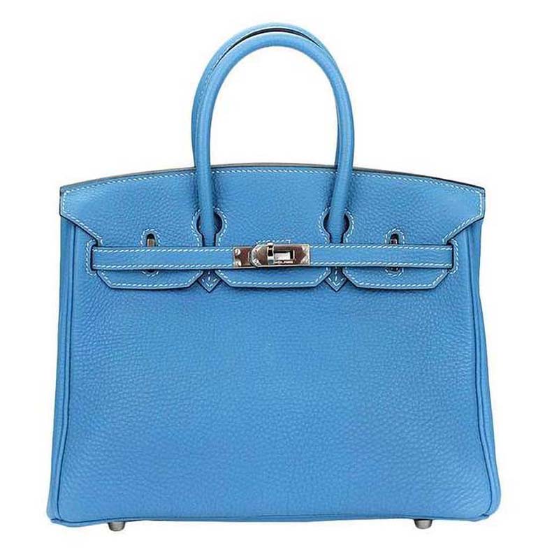 Front view of Hermes Birkin 25 Bag in Togo Leather with Silver Hardware-Blue