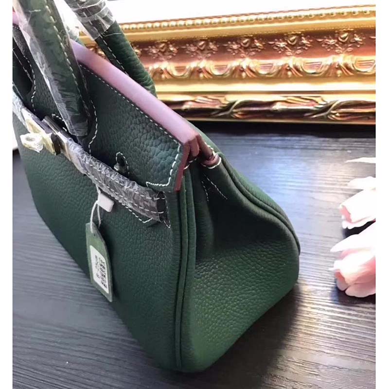 Hermes Birkin 25 Bag in Togo Leather with Silver Hardware-Green - image 6