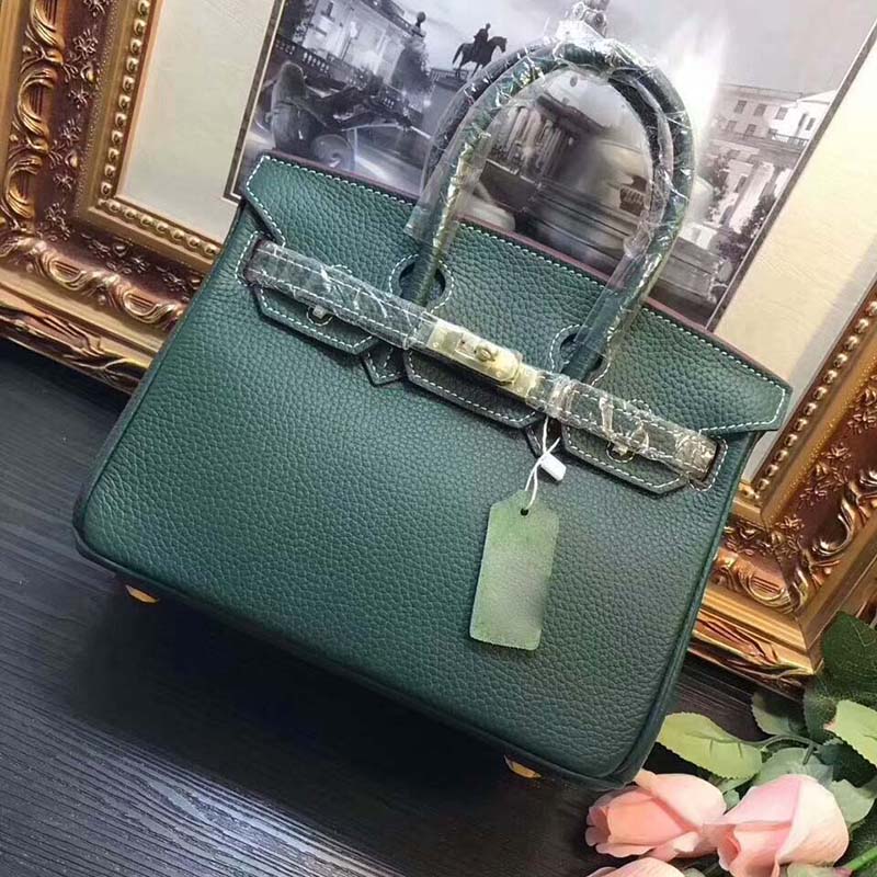 Close-up of silver hardware on Hermes Birkin 25 Bag Green