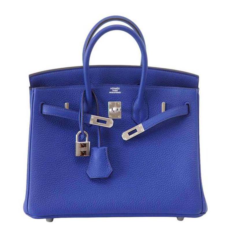 Close-up of silver turn-lock on Hermes Birkin 25 Bag Navy leather