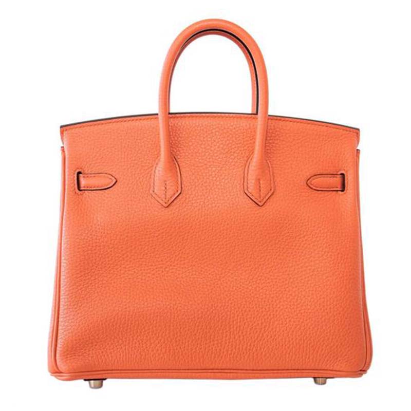 Close-up of gold hardware clasp on Hermes Birkin 25 Bag in orange leather