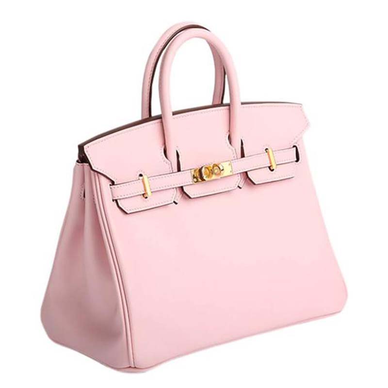 Close-up of gold hardware and pink Togo leather texture on Hermes Birkin 25 Bag