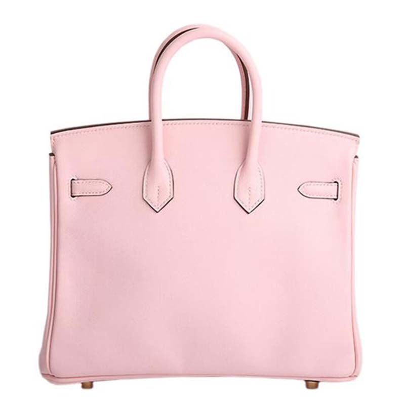Side angle showing silhouette and flap closure of Hermes Birkin 25 Bag Pink