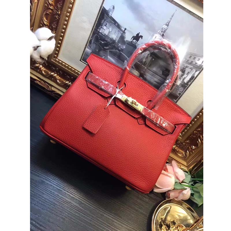 Side angle showing silhouette and structure of Hermes Birkin 25 Bag in red