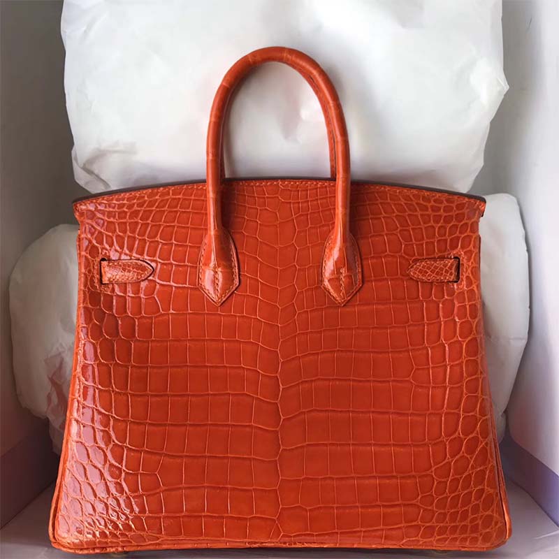 Side profile of Hermes Birkin 30 Bag in vibrant orange with polished gold accents
