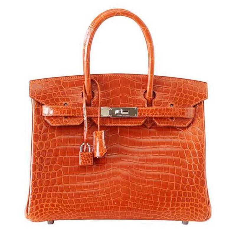 Front angled view of Hermes Birkin 30 Bag in Alligator Leather with Gold Hardware-Orange
