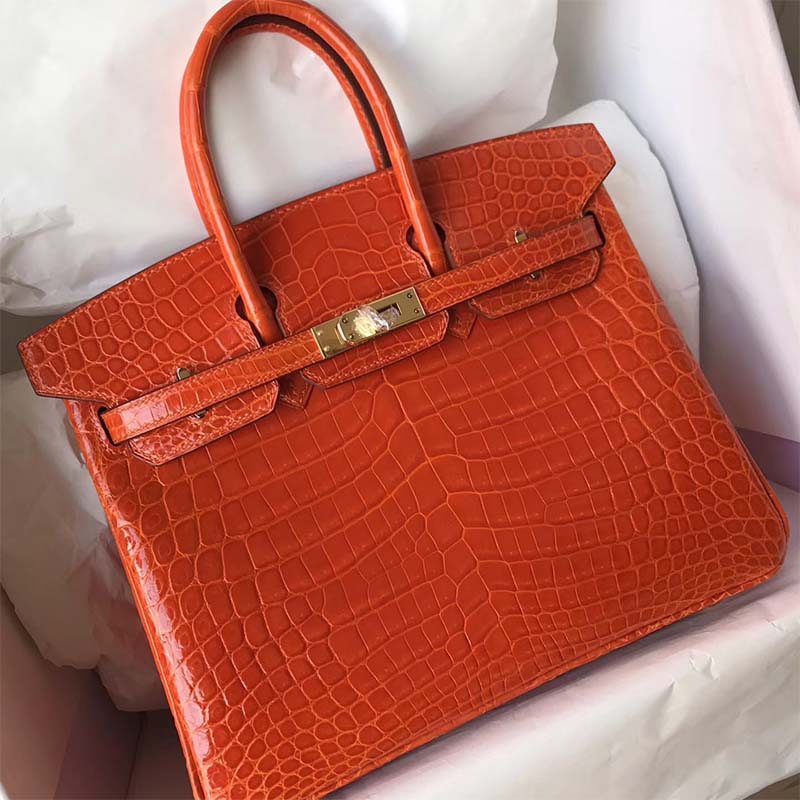 Close-up of orange alligator leather texture and gold hardware on Hermes Birkin 30 Bag