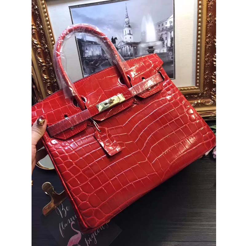 Side profile showing structured silhouette of Hermes Birkin 30 Bag in Red