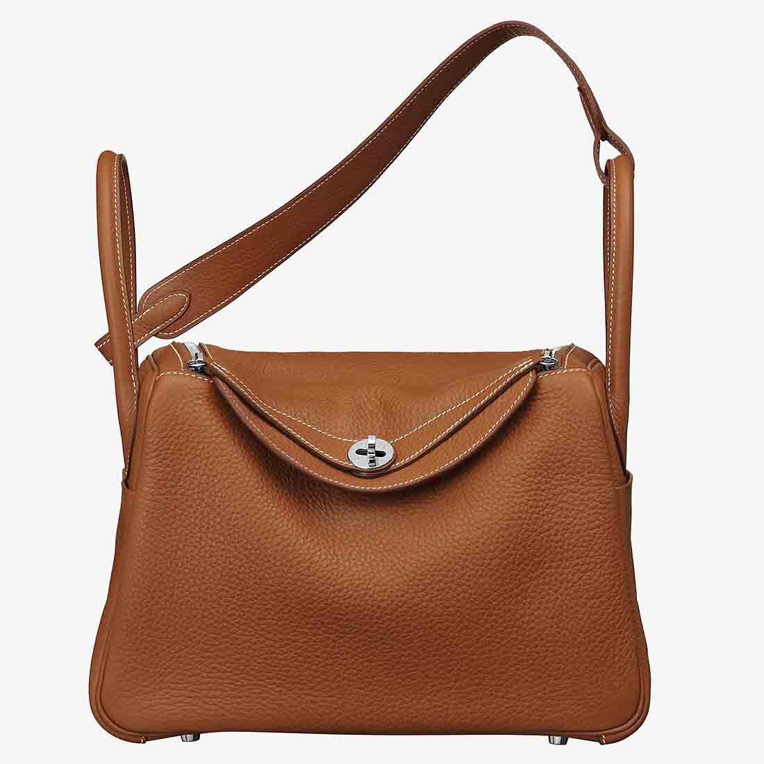 Front view of Hermes Lindy 30 Top Flap Leather Bag with Strap-Brown