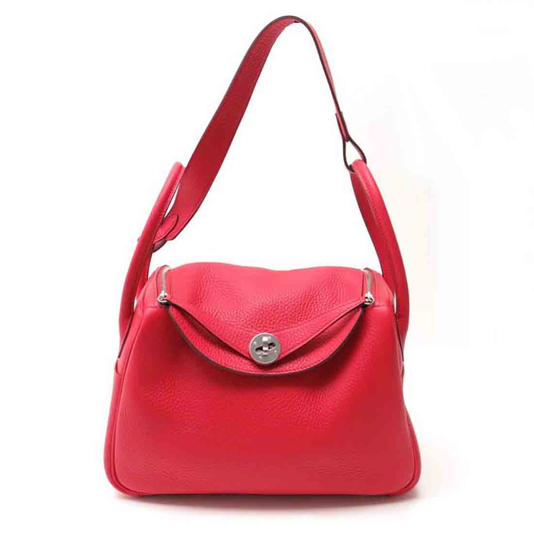 Front view of Hermes Lindy 30 Top Flap Leather Bag with Strap-Red