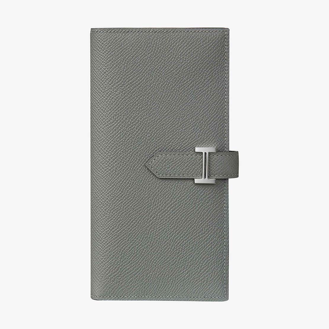 Front view of Hermes Medium Bearn Wallet in silver Epsom leather