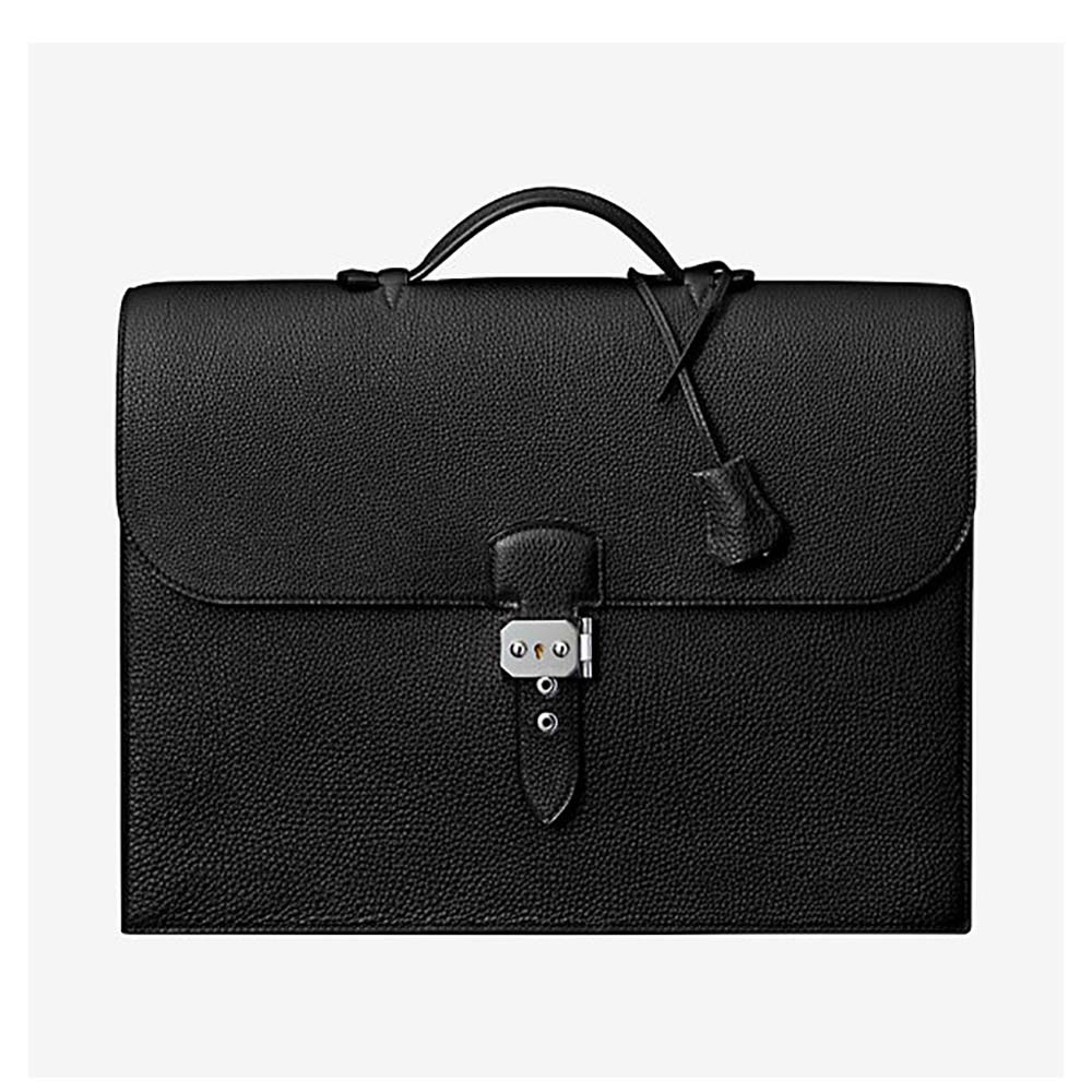 Front view of Hermes Men Sac A Depeches 38 Briefcase-Black elegant design